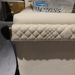 Creamy Ivory Upholstered Bed with Diamond-Quilted Detailing, Gilded Emblem & High-Gloss Natural Wood Veneer Trim